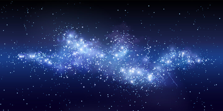 Starry night sky background with glowing stars, cosmic dust, and blue nebula clouds, abstract vector illustration. Magical space atmosphere, realistic sparkle effect and falling or flying meteor