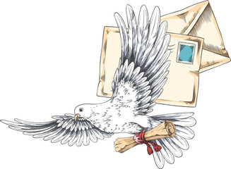 Fototapeta premium White dove with scroll flying sketch, envelopes letter with postage stamp and pigeon vector hand drawn illustration