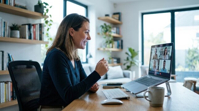 Working and talking on the computer with video calling, modern workspace with open laptop, attentive expression and soft screen glow, connected professional atmosphere, ultra-realistic, no logos.