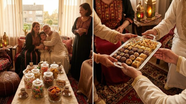 Visiting relatives and offering candy during Eid al-Fitr celebration, warm family home, elegant sweets, welcoming hands and festive clothing, joyful cultural atmosphere with soft golden light,