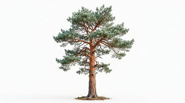 A tall classical Scots pine tree isolated on white, detailed bark and airy needle clusters capturing the natural form of Pinus sylvestris, ultra-realistic, no logos.