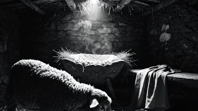Black and white shot of a nativity scene with sheep and illuminated empty manger, dramatic lighting