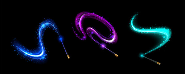 Fototapeta premium Magical wand with glowing sparkles and light trails, realistic vector set on transparent background. Fairy spell effect, shimmering stars and particles, and luminous swirls, enchanting atmosphere