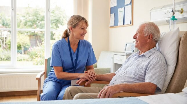 Nursing support for an elderly patient, caring nurse assisting a senior with gentle hand contact in a bright healthcare setting, compassionate atmosphere, ultra-realistic, no logos.