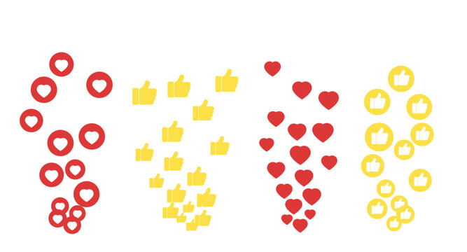 Social media like emotion icons, hearts and thumb up flying reactions, cartoon vector illustration isolated on white background. Livestream comment, network marketing, and digital content feedback