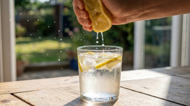 Squeezing lemon into drinking water, close-up of fresh citrus, splashing droplets and clear glass, bright refreshing natural light, ultra-realistic, no logos.