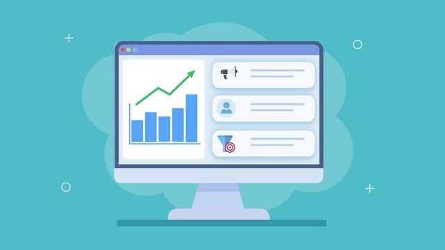 Animated system dashboard with tools icons, settings panel, and analytics chart, representing configuration control, process management, and digital performance monitoring.