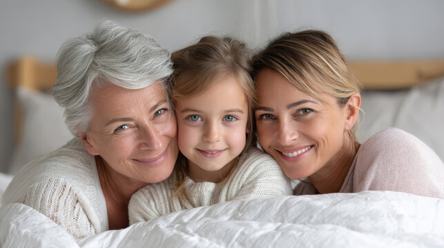 Three generations enjoying time together while cuddling in bed during a family gathering