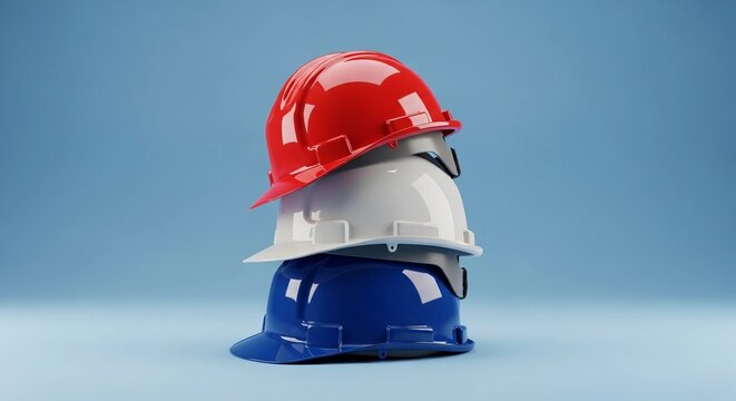 A stack of colorful hard hats on a blue background