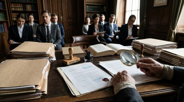 Checking documents in the justice system, legal files, stamped papers and careful review on a formal desk, serious judicial atmosphere, ultra-realistic, no logos.