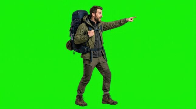 A male hiker in an outdoor jacket and backpack pointing sideways, isolated on transparent background, adventurous travel energy and clean commercial studio lighting, ultra-realistic, no logos.