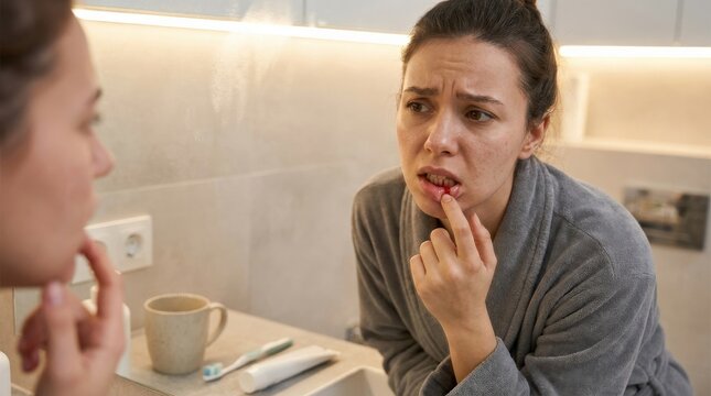 Young woman looking at her red bleeding gums in a bathroom mirror, concerned expression, natural skin detail and soft clinical lighting, intimate healthcare mood, ultra-realistic, no logos.