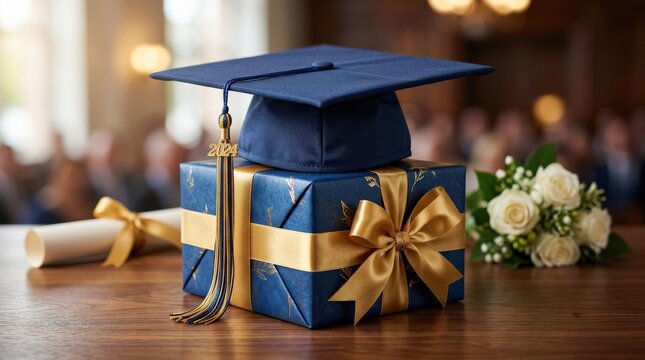 A graduation cap resting on an elegant gift box with a golden ribbon, symbolizing academic success and celebration with refined studio lighting, ultra-realistic, no logos.