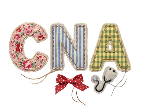 Decorative textile cna letters with stethoscope isolated on white
