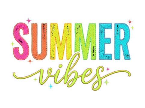 Vibrant summer vibes graphic featuring rainbow textured block letters and elegant neon blue cursive font