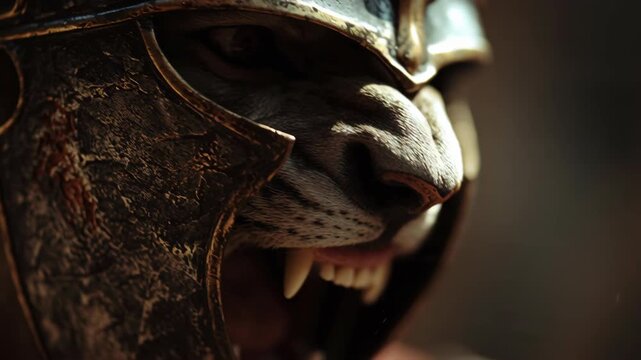Close-up of a detailed Roman gladiator helmet with a roaring lion in a historical combat scene