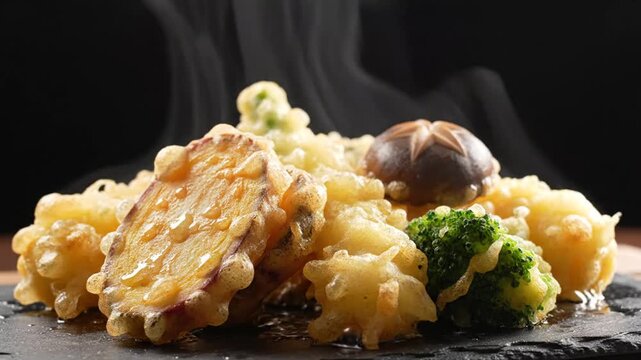 Close-up of crispy waffle topped with green broccoli and brown mushroom on black background
