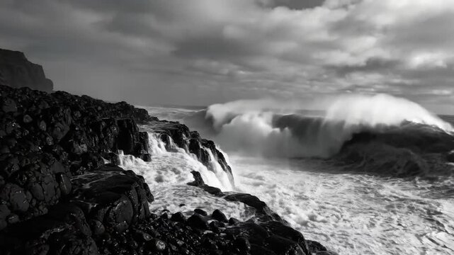 Dramatic black and white ocean waves crashing against a rocky coastline creating a powerful natural display