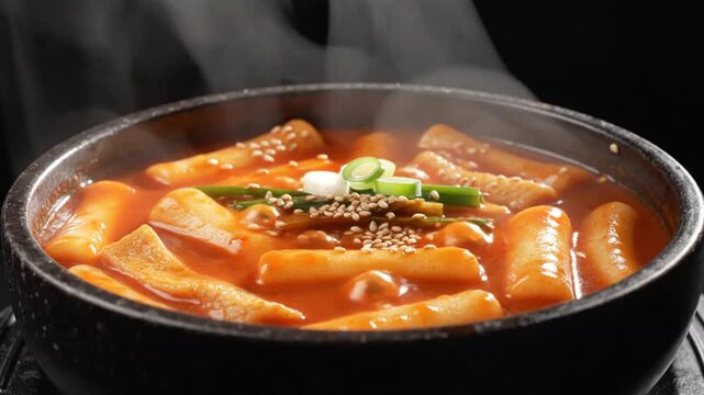 Steaming Hot Korean Tteokbokki in a Black Bowl with Fresh Garnishes for a Spicy Snack Experience