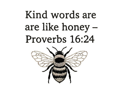 ​Kind words are like honey proverbs 16:24 bible verse with an embroidered bumble bee illustration isolated