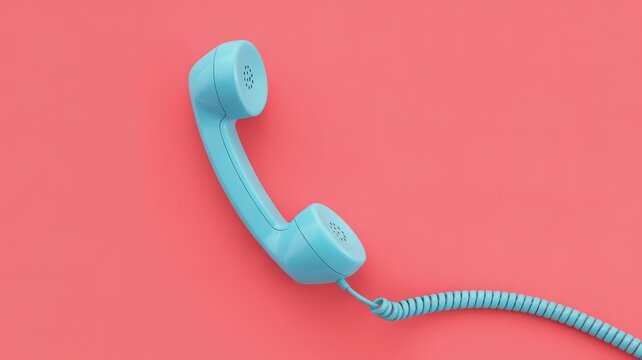 Blue retro telephone handset with coiled cord on solid pink background