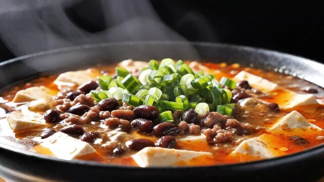 Delicious steaming bowl of spicy tofu and bean chili topped with fresh scallions captured from multiple angles