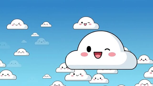 A cheerful cartoon illustration of smiling clouds floating in a bright blue sky background