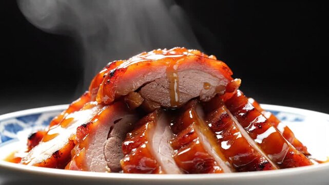 Close-up of steaming savory dish with perfectly arranged sliced meat and sauce on a decorative plate