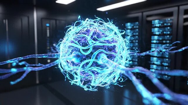 A futuristic video visualization of a complex network in a dark server room with blue lights