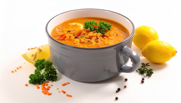 Delicious Soup in Gray Mug with Spices.
