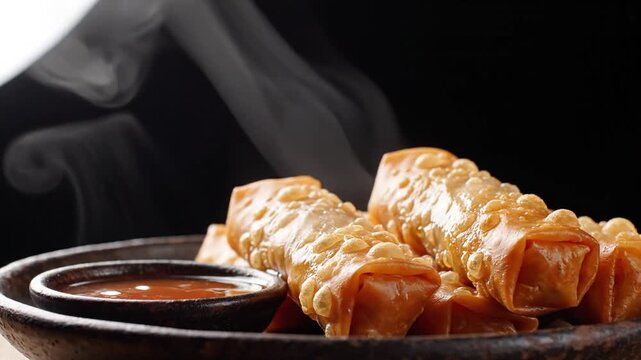 Delicious crispy spring rolls served with dipping sauce amidst aromatic steam