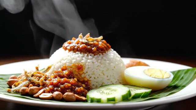 Aromatic Malaysian Nasi Lemak Dish Featuring Coconut Rice Scented with Fragrant Herbs