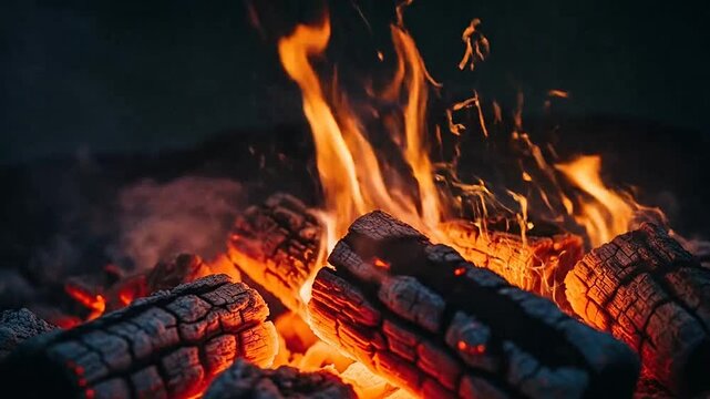 Close-up view of burning firewood with bright orange flames and glowing embers in the dark