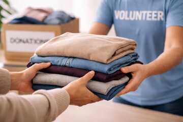 Obraz premium Close-up of a volunteer in a blue t-shirt giving a stack of clean apparel to a person in need. Modern minimalist lifestyle with soft, bright indoor lighting.