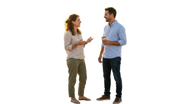 A man and woman standing outside in backlight and talking casually, isolated on white and transparent background, relaxed posture, light summer clothing, warm rim light, easygoing social mood,