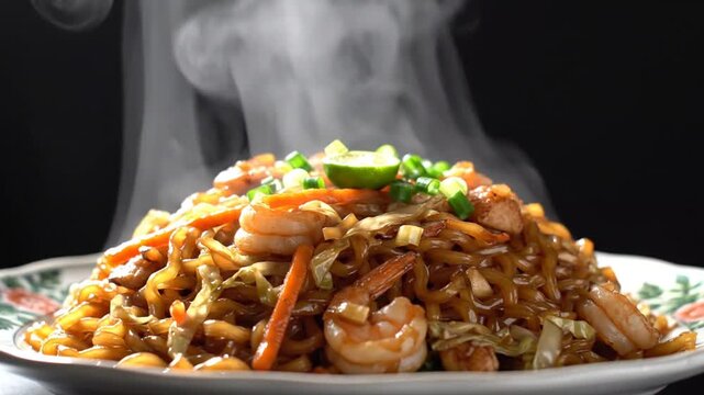 Steaming hot wok-fried noodle dish with seafood and vegetables creating an aromatic culinary delight