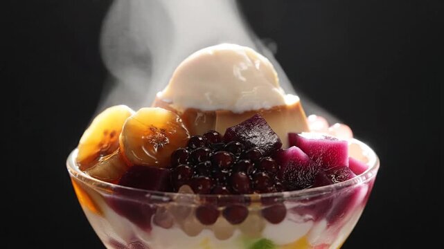 Multicolored fruit parfait with vanilla ice cream, caramel sauce steaming in a delicate glass bowl
