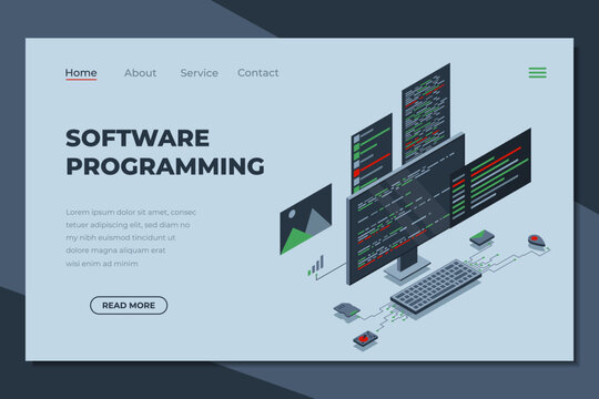 Software programming isometric landing page. Programming languages interface on computer screen. Programmer coding. Isometric technology