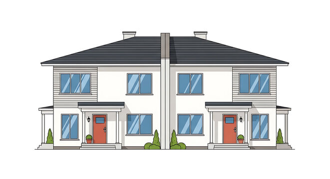 Modern, semi-detached houses, residential architecture, white buildings with red doors