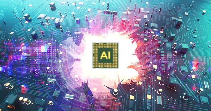 Advanced microchip technology with AI branding and fire effects. AI Technology Related 3D Computer Animation.