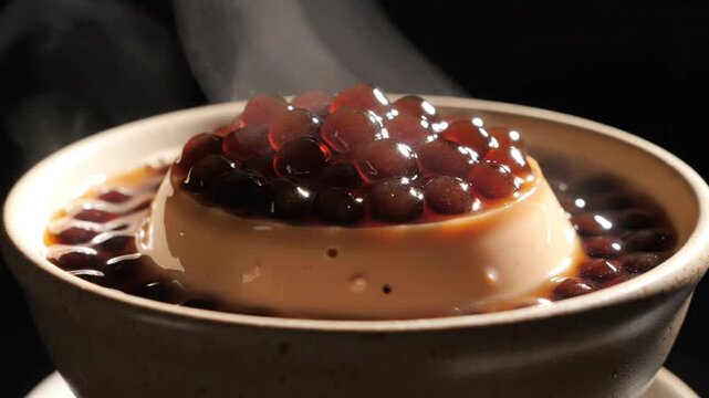 Steaming hot bowls of traditional caramel pudding topped with fresh red berries in a cozy kitchen setting