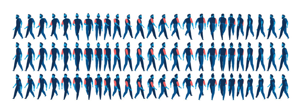 Walking cycle of a man from multiple angles, useful as character animation reference, depicting motion, steps, and body movement sequence.