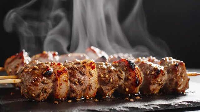 Close-up of sizzling skewered meat with smoky aroma and vibrant textures