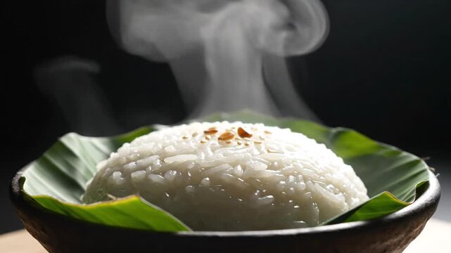 Steam Rising Rice Balls Served on Banana Leaf in a Traditional Setting