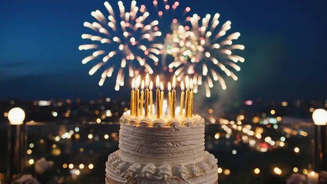 Nighttime celebration cake with glowing candles and city lights, perfect broll for advertising joyous events.