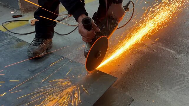 Industry Worker Grinding Metal with Angle Grinder 4K stock video