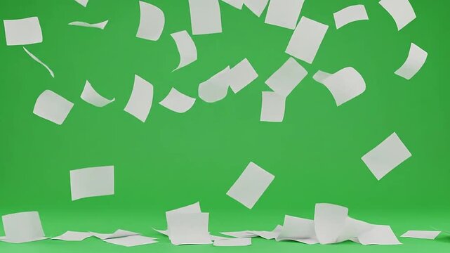 White paper sheets are falling down against a green background in a studio setting