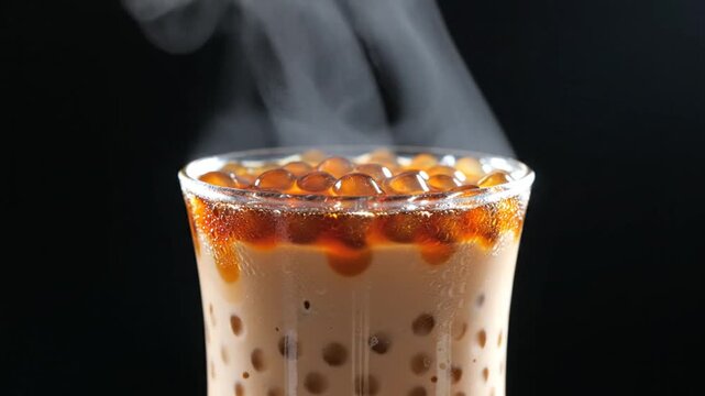 Multiple steaming bowls of steaming hot bubble tea with brown sugar and tapioca pearls