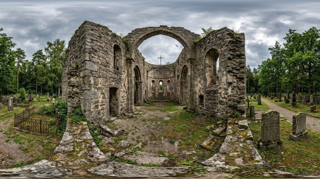 360-degree spherical panorama of old church ruins in Sweden, weathered stone walls, historic European atmosphere, immersive architectural detail, ultra-realistic, no logos.