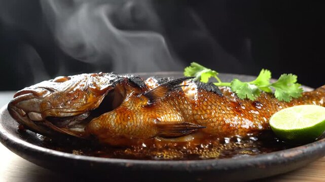 Delicious steaming roasted fish dish garnished with lime and fresh herbs for flavorful cuisine